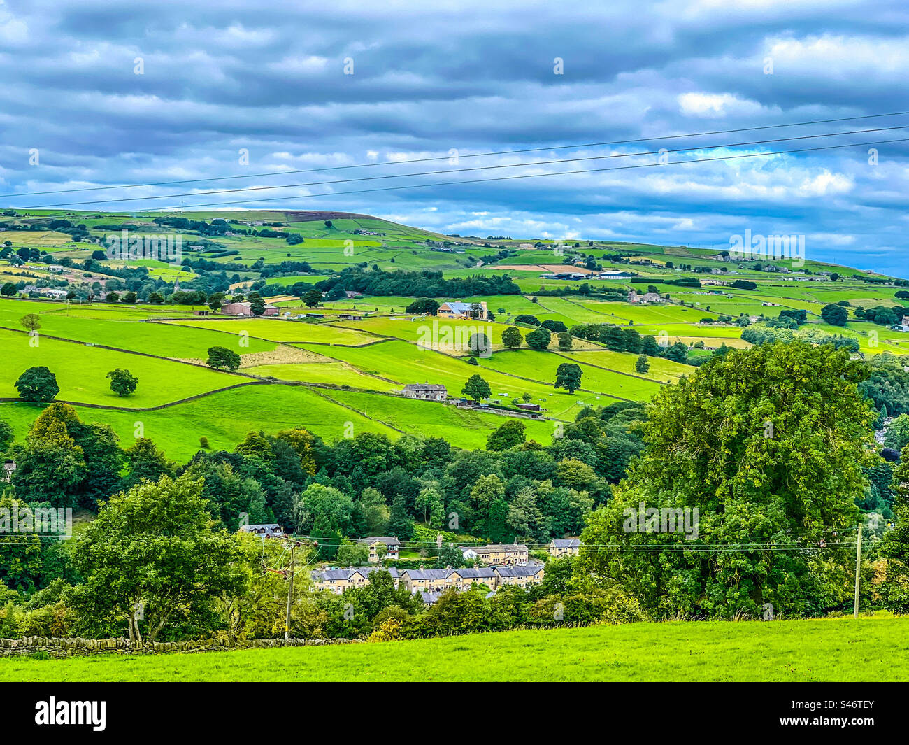 Idyllic picturesque view of the rural countryside landscape of the village of Ripponden in Pennines of West Yorkshire - Smartphone Captured Stock Image