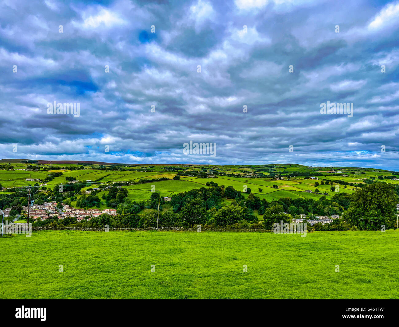 Idyllic picturesque view of the rural countryside landscape of the village of Ripponden in Pennines of West Yorkshire - Smartphone Captured Stock Image