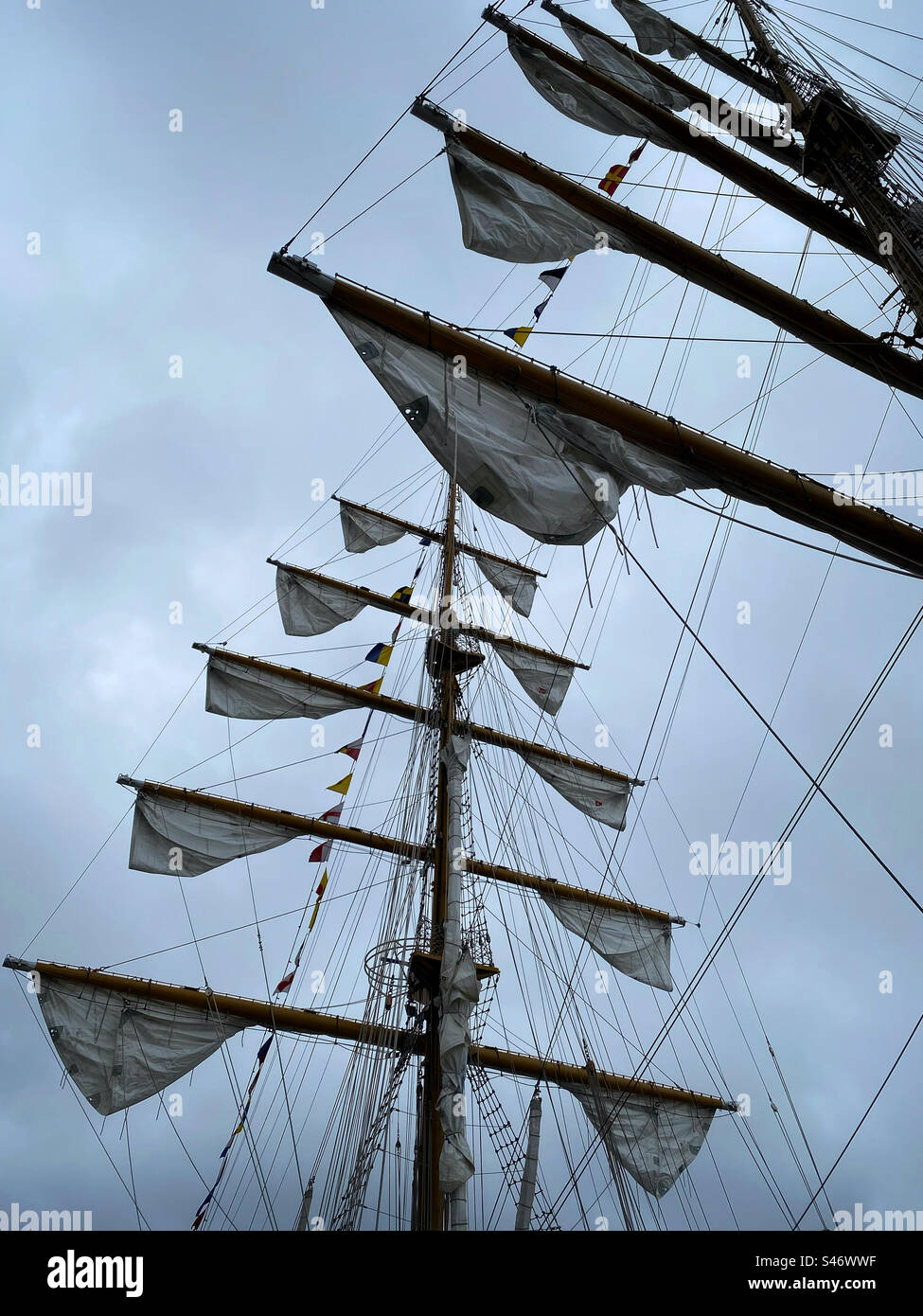 Masts and rigging of a sailing ship Stock Photo