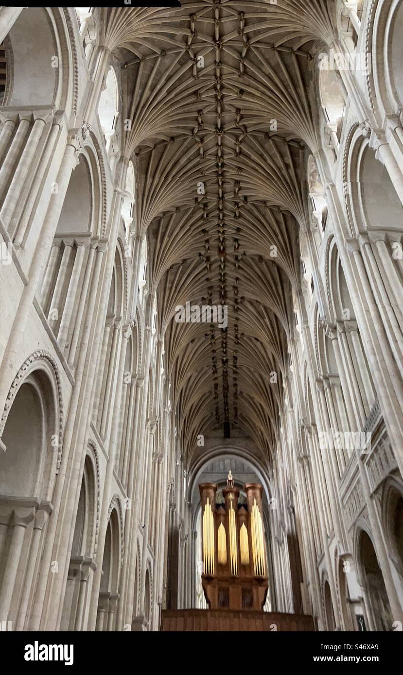 Interior image of Norwich cathedral organ with Normanby stone and stone ceiling Stock Photo