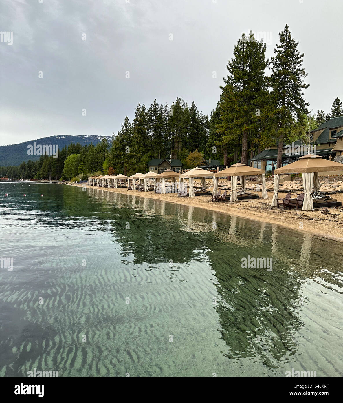 June, 2023, Cabanas on the lake, Hyatt Regency Lake Tahoe Resort Spa and Casino, Incline Village, Nevada, United States Stock Photo