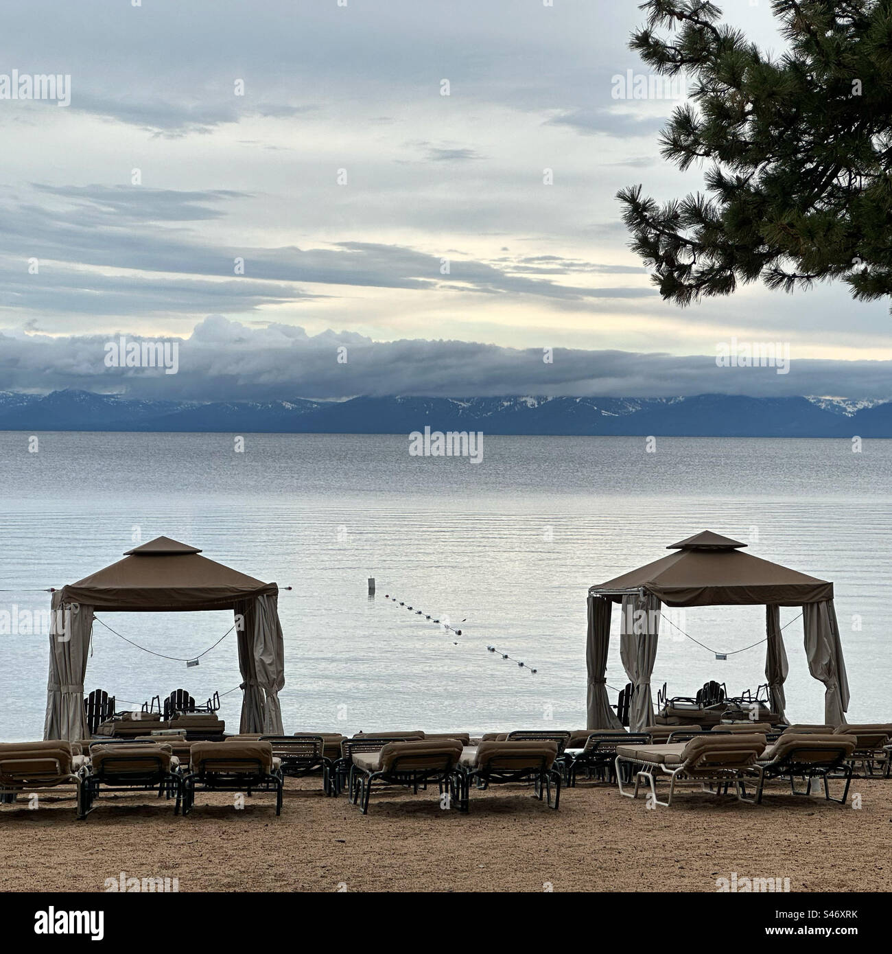 June, 2023, Cabanas on the shore, Hyatt Regency Lake Tahoe Resort Spa and Casino, Incline Village, Nevada, United States Stock Photo