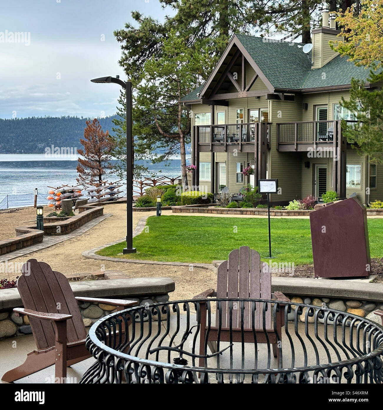 June, 2023, Firepit, Hyatt Regency Lake Tahoe Resort Spa and Casino, Incline Village, Nevada, United States Stock Photo