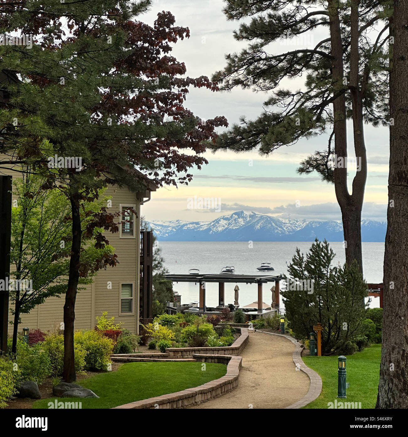 June, 2023, Early evening on the grounds of the of the Hyatt Regency Lake Tahoe Resort Spa and Casino, Incline Village, Nevada, United States Stock Photo