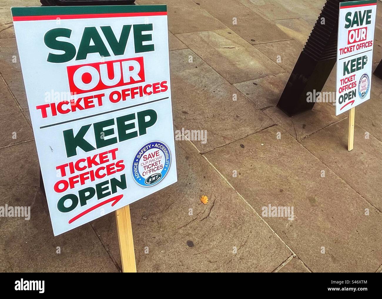 Save Our Ticket Offices trade union RMT are campaigning to keep railway ticket offices open across the United Kingdom - Smartphone Captured Stock Image