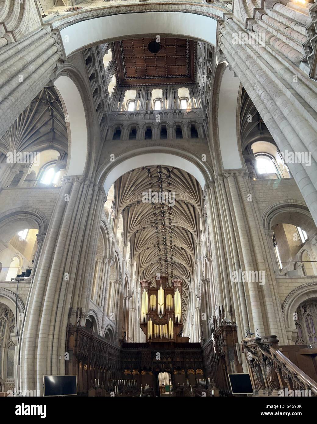 Interior of the historical Norwich cathedral Viking and stone arches