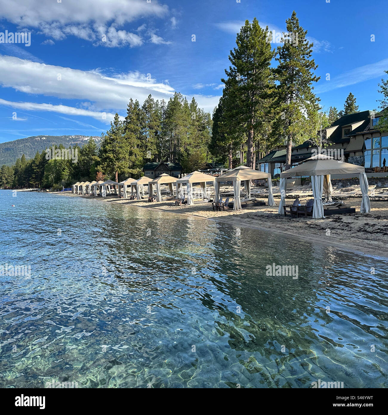June, 2023, Cabanas on the shore, Hyatt Regency Lake Tahoe Resort Spa and Casino, Incline Village, Washoe County, Nevada, United States Stock Photo