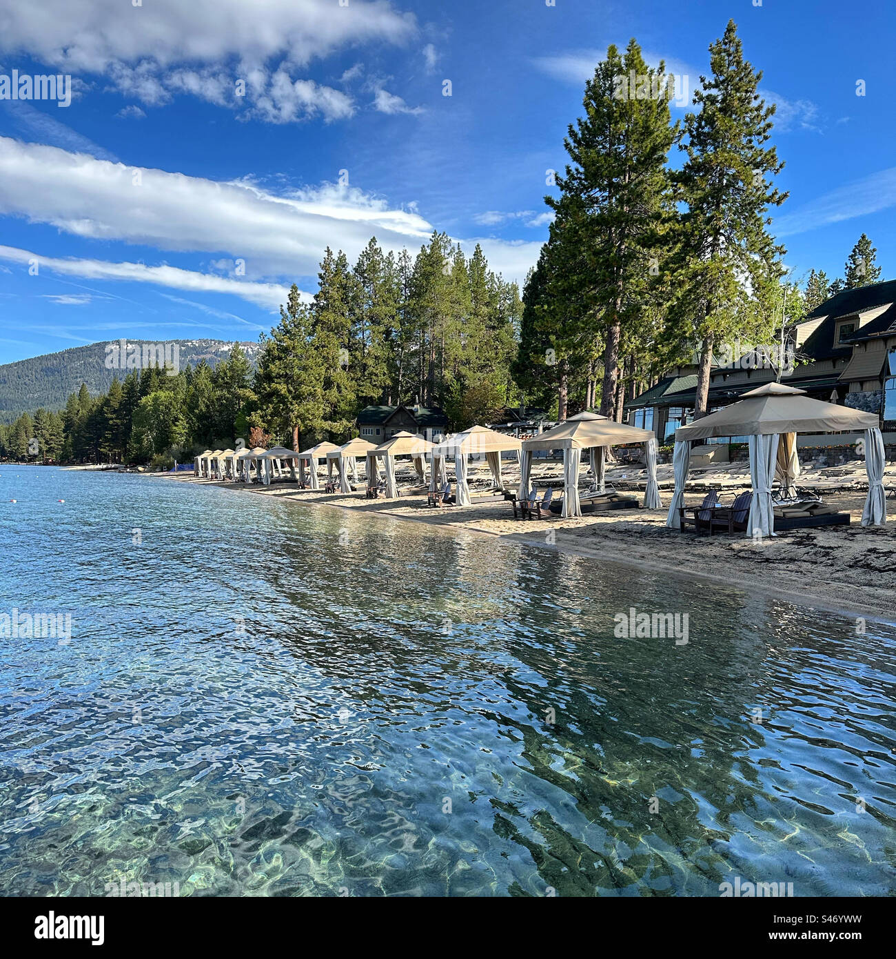 June, 2023, Cabanas on the shore, Hyatt Regency Lake Tahoe Resort Spa and Casino, Incline Village, Washoe County, Nevada, United States Stock Photo