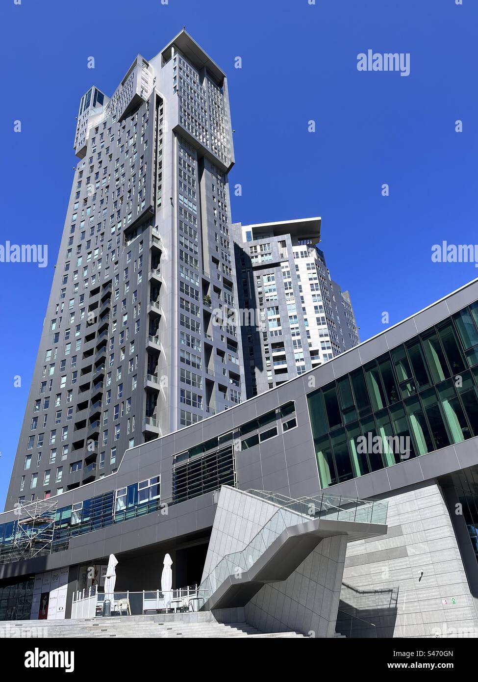 Sea Towers residential and office building Low angle view in Gdynia, Poland, Europe, EU - Smartphone Captured Stock Image