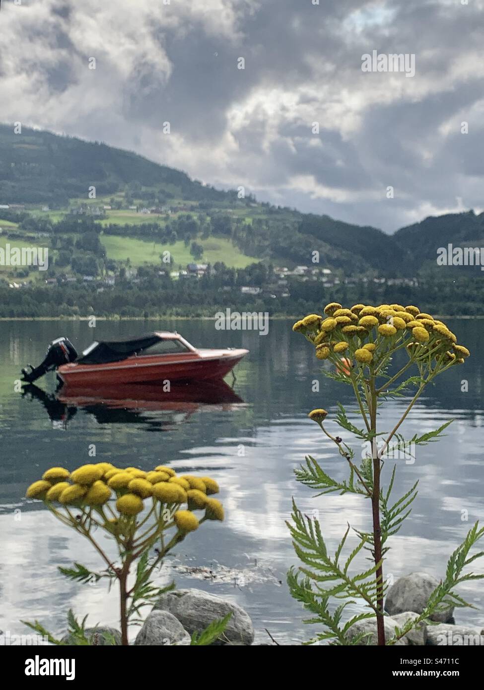 Red boat and yellow flowers in Voss Norway Stock Photo