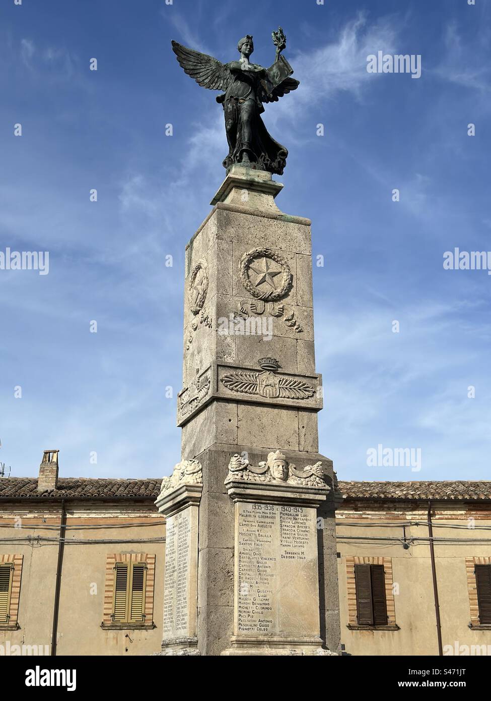War memorial monument, Donna Bianca De Tharolis square, Ripatransone, Marche region, Italy Stock Photo
