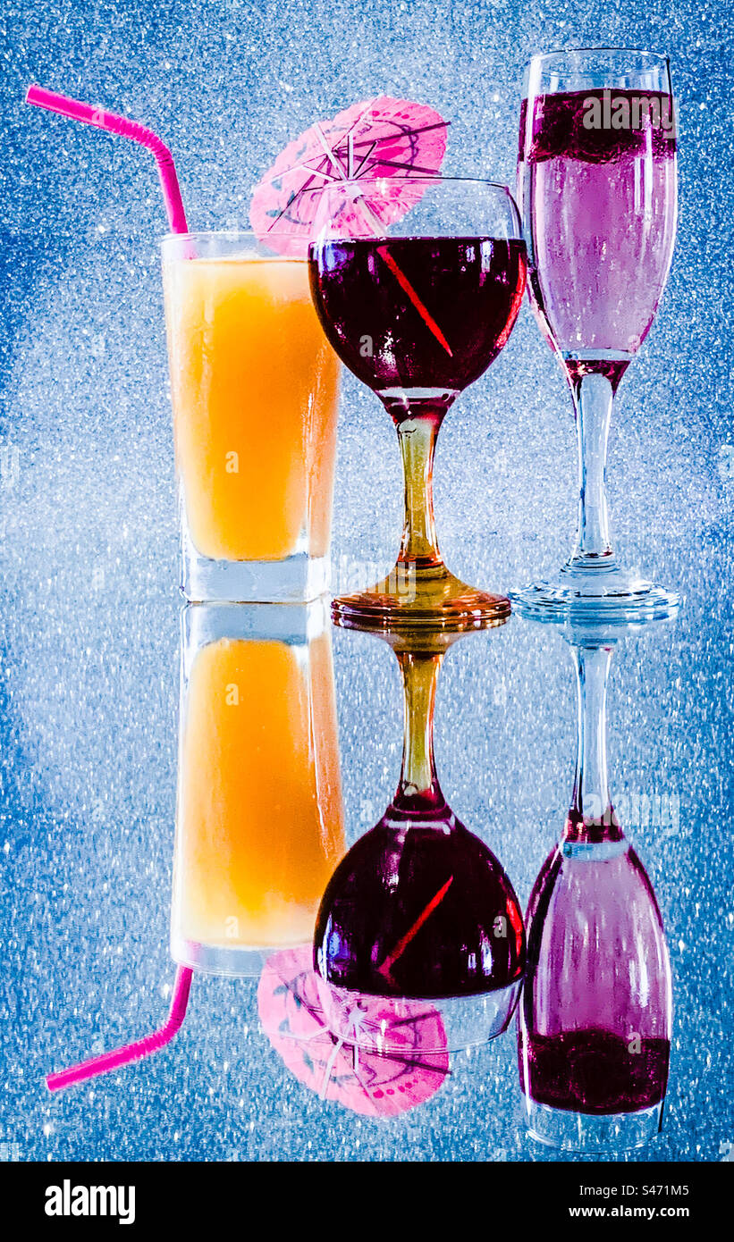 Cocktails reflected on a mirrored surface Stock Photo