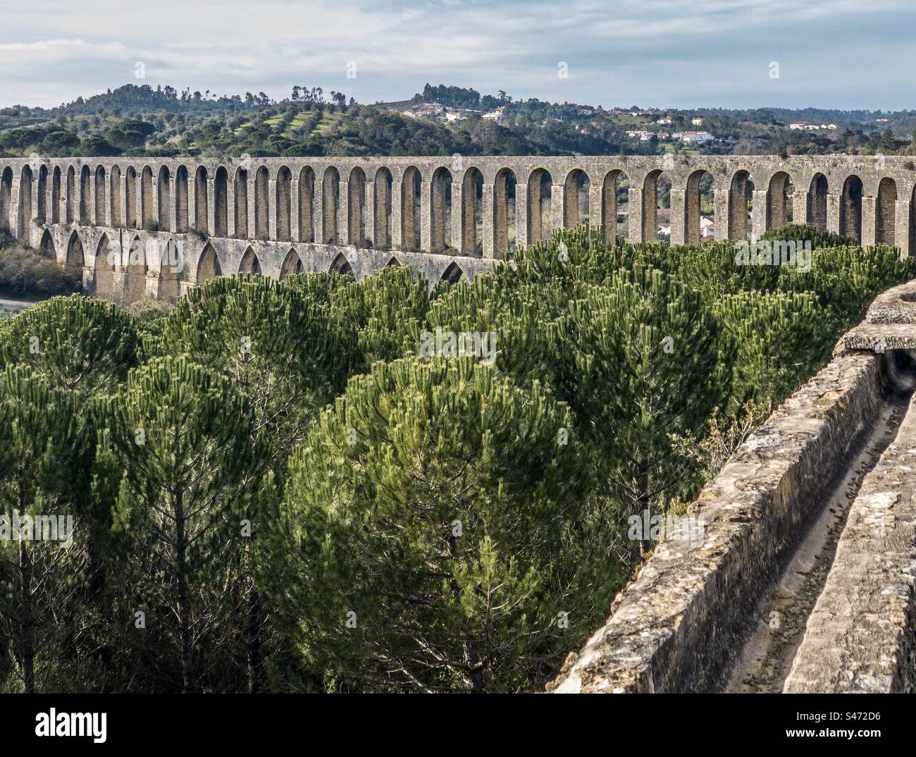 Pegões Aqueduct surrounded by fir trees in Tomar Portugal - Smartphone Captured Stock Image