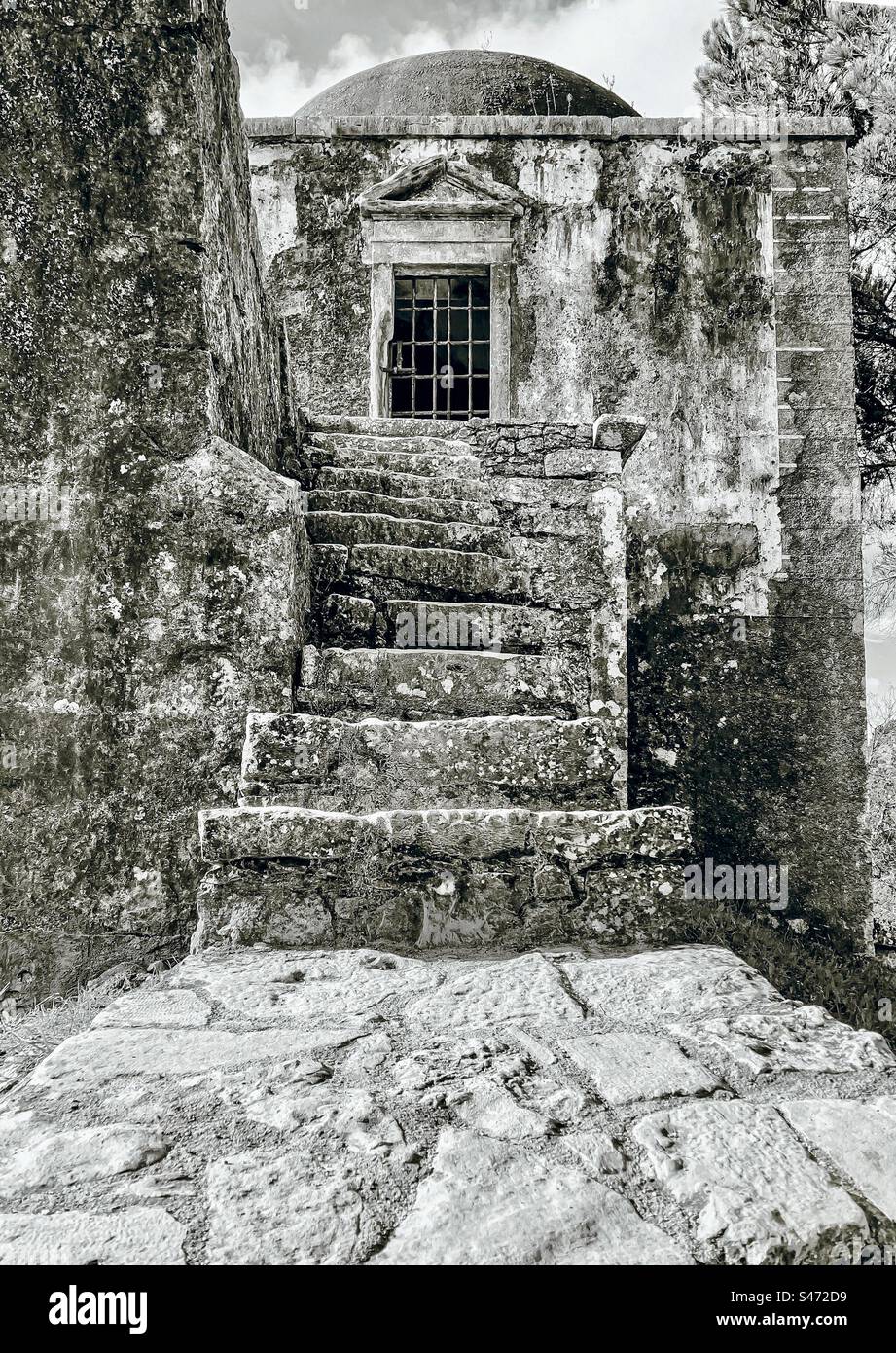 Steps leading up to the tower of Pegões Aqueduct in Tomar Portugal - Smartphone Captured Stock Image