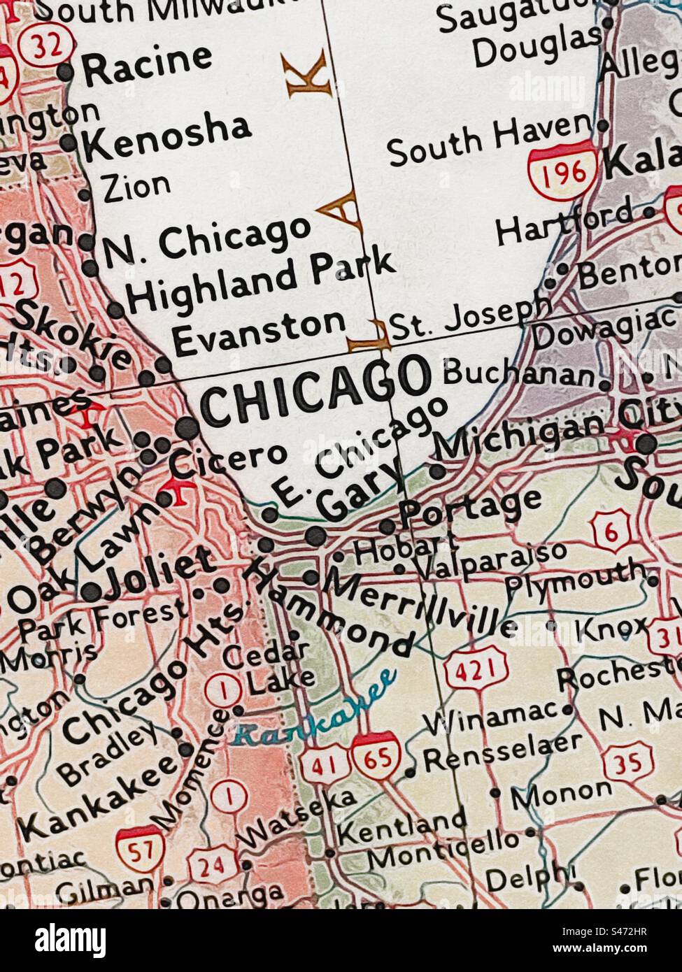 Zoomed in view of the Chicago, Illinois area on a US map. Original photo has been made into an “illustration” using the IOS app Brushstroke. - Smartphone Captured Stock Image