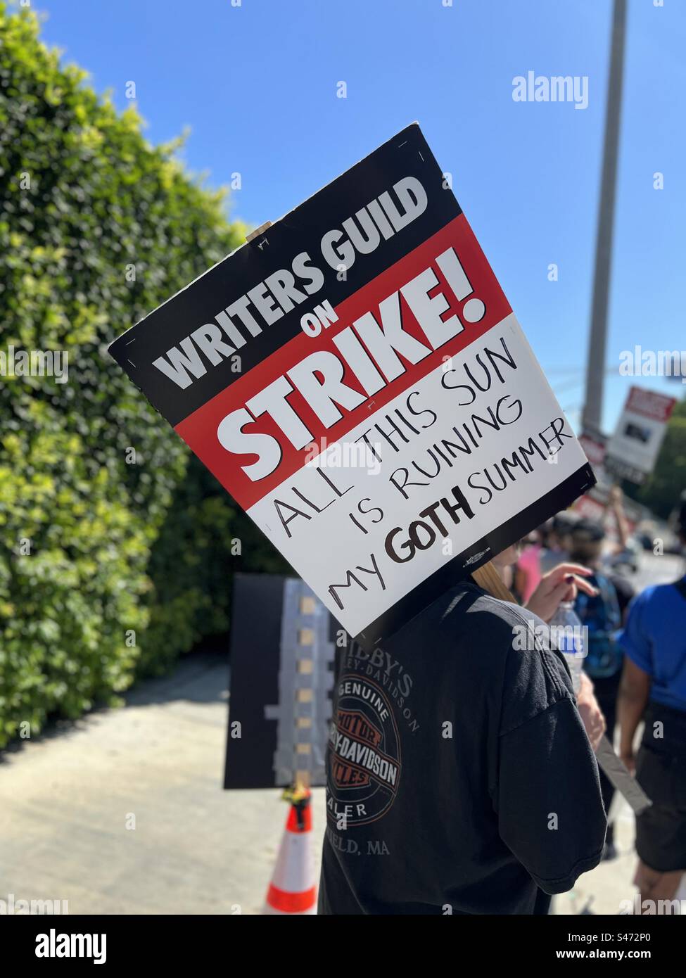 LOS ANGELES, CA, AUG 15, 2023: member of the Writers Guild of America holds 'All this sun is ruining my goth summer' placard, while picketing with other striking members of the WGA and SAG-AFTRA - Smartphone Captured Stock Image
