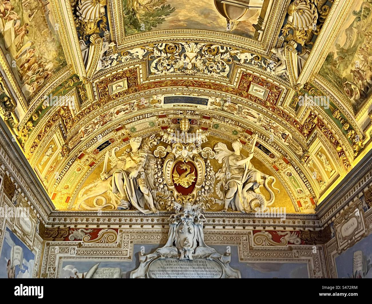 Intricate ceiling detailing a gallery of the Vatican Museums - Smartphone Captured Stock Image