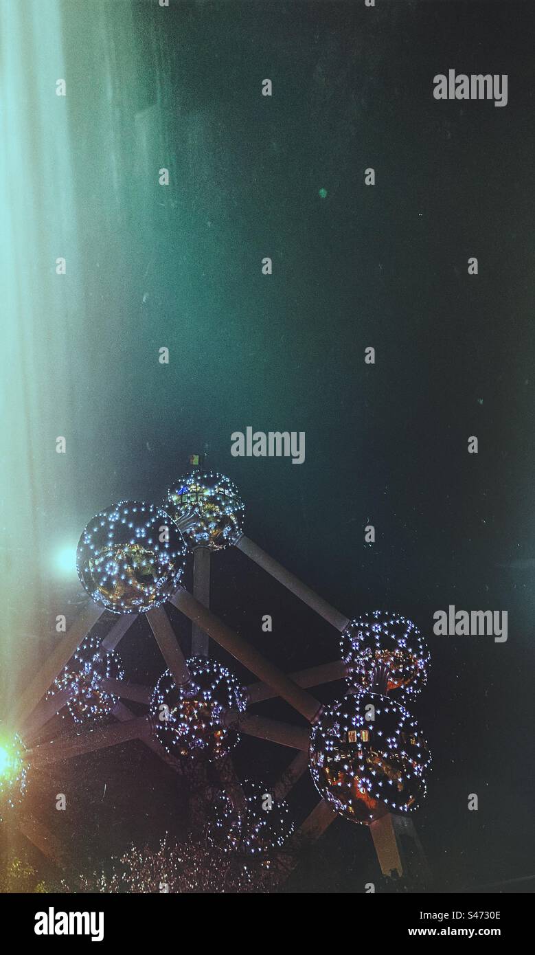 Lit up Atomium, Brussels, Belgium by night - Smartphone Captured Stock Image