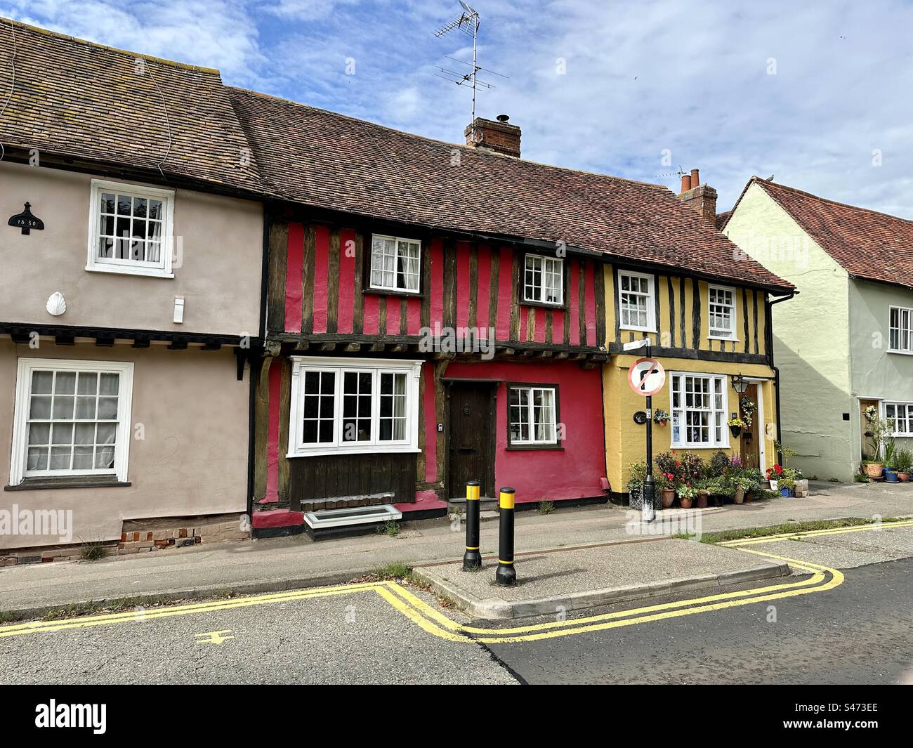 Colourful old medieval houses on castle street in Saffron Walden, Essex - Smartphone Captured Stock Image