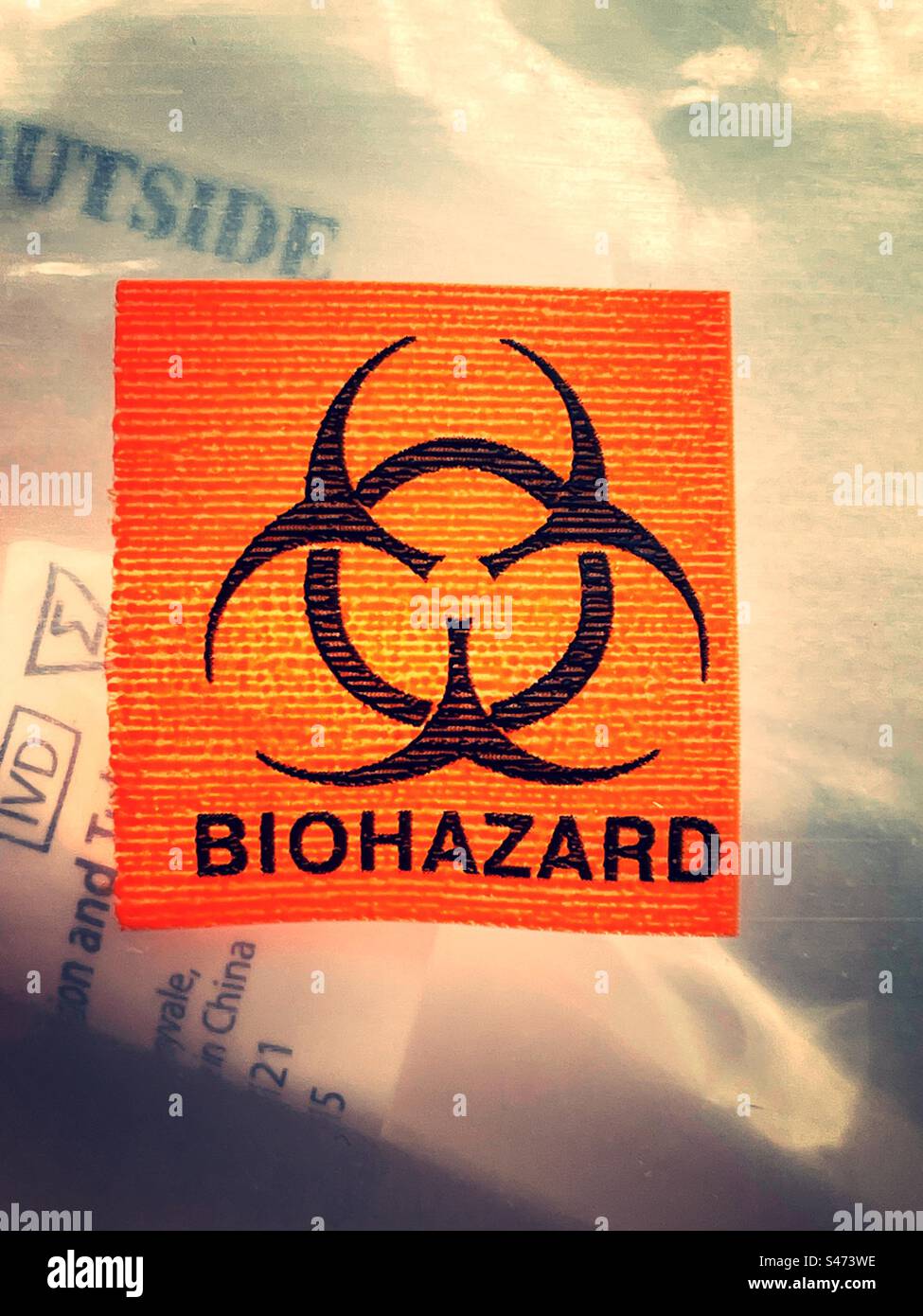 Biohazard International symbol on a plastic bag, 2023, USA - Smartphone Captured Stock Image