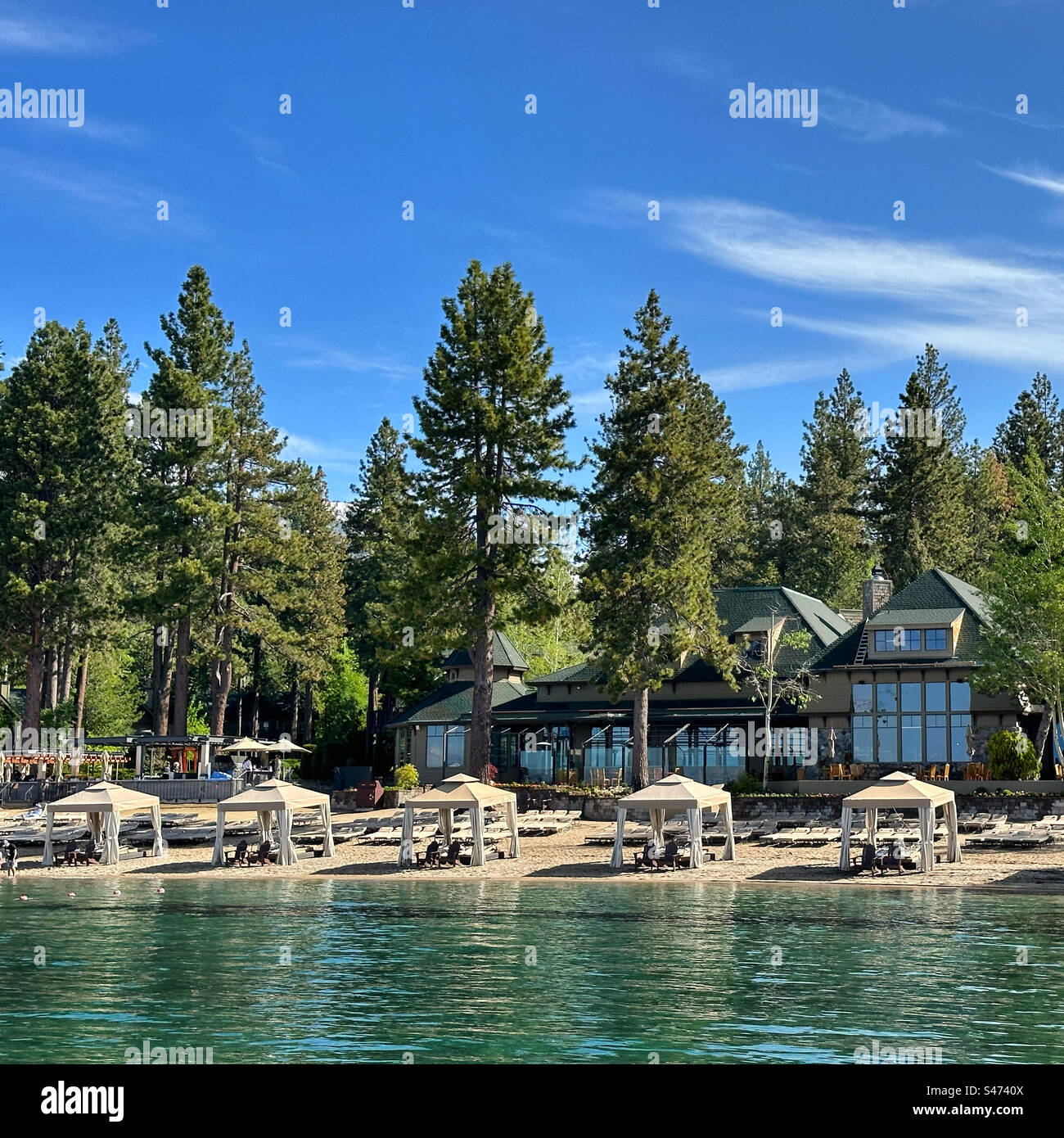 June, 2023, Cabanas on the shore, Hyatt Regency Lake Tahoe Resort Spa and Casino, Incline Village, Nevada, United States Stock Photo