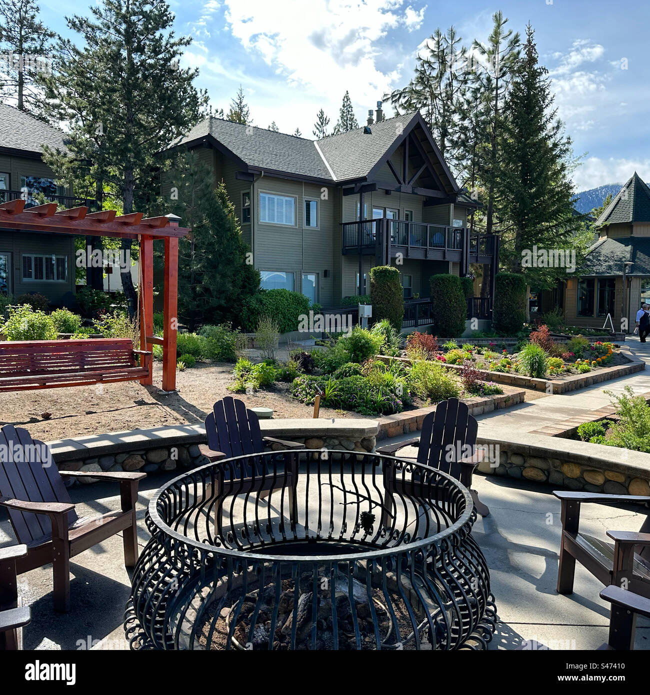 June, 2023, Firepit, Hyatt Regency Lake Tahoe Resort Spa and Casino, Incline Village, Washoe County, Nevada, United States Stock Photo