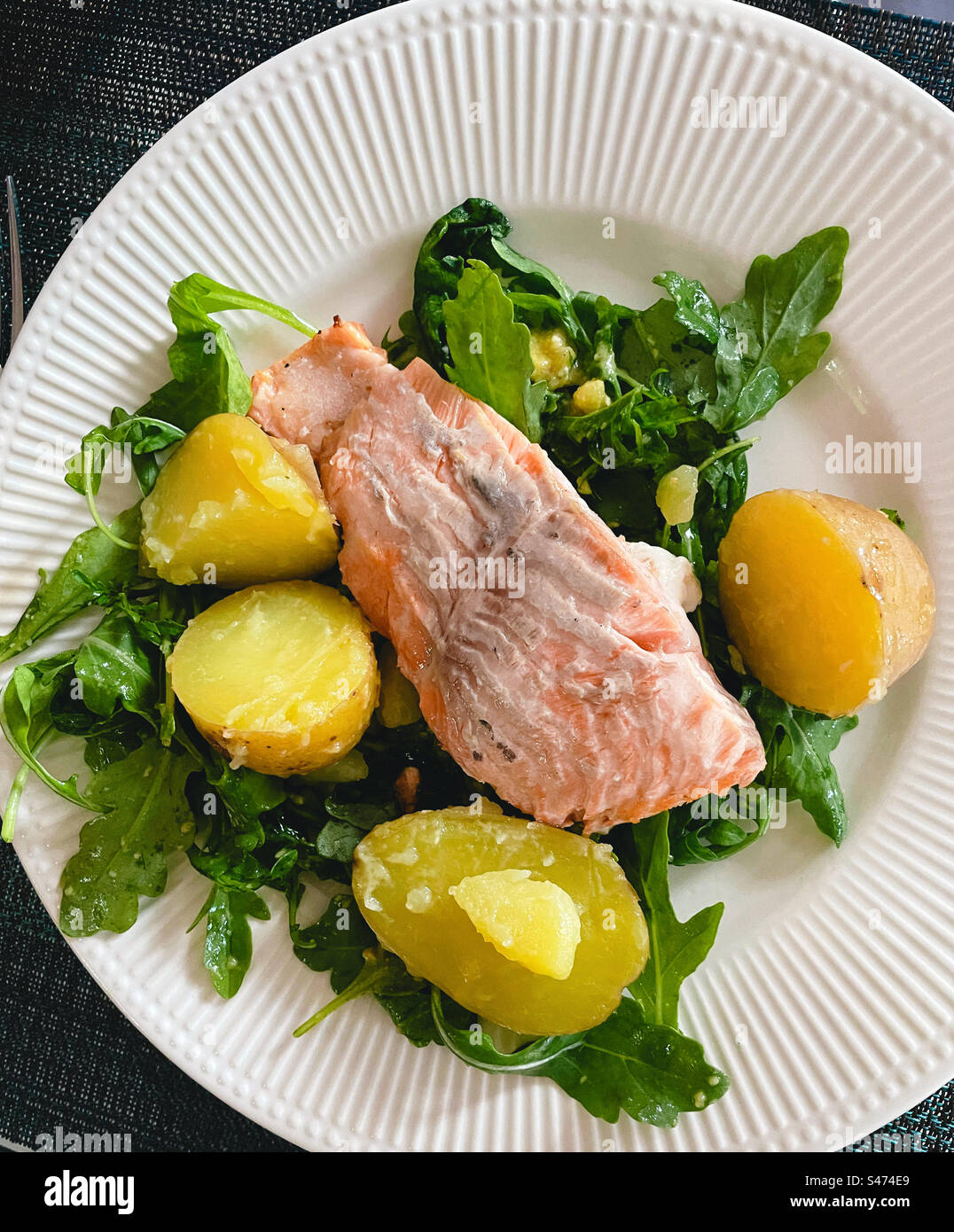 Close Up of Grilled Salmon and New Potato Entree,  USA - Smartphone Captured Stock Image