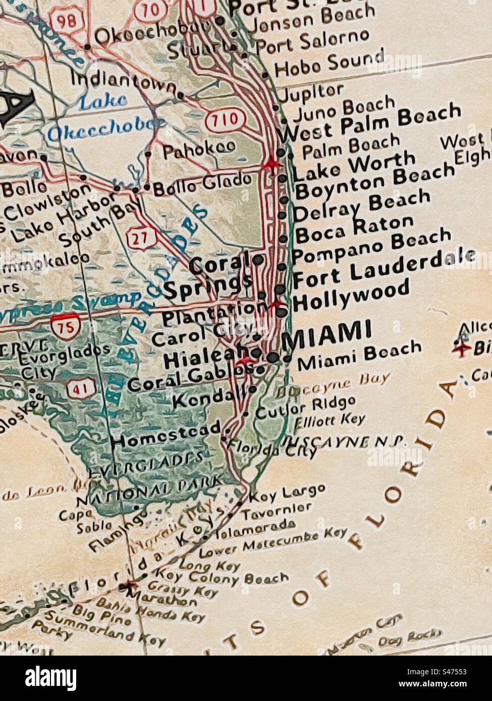 Zoomed image of the Miami, Florida area on a US map. Original photo has been made into an “illustration” via the IOS app Brushstroke. - Smartphone Captured Stock Image