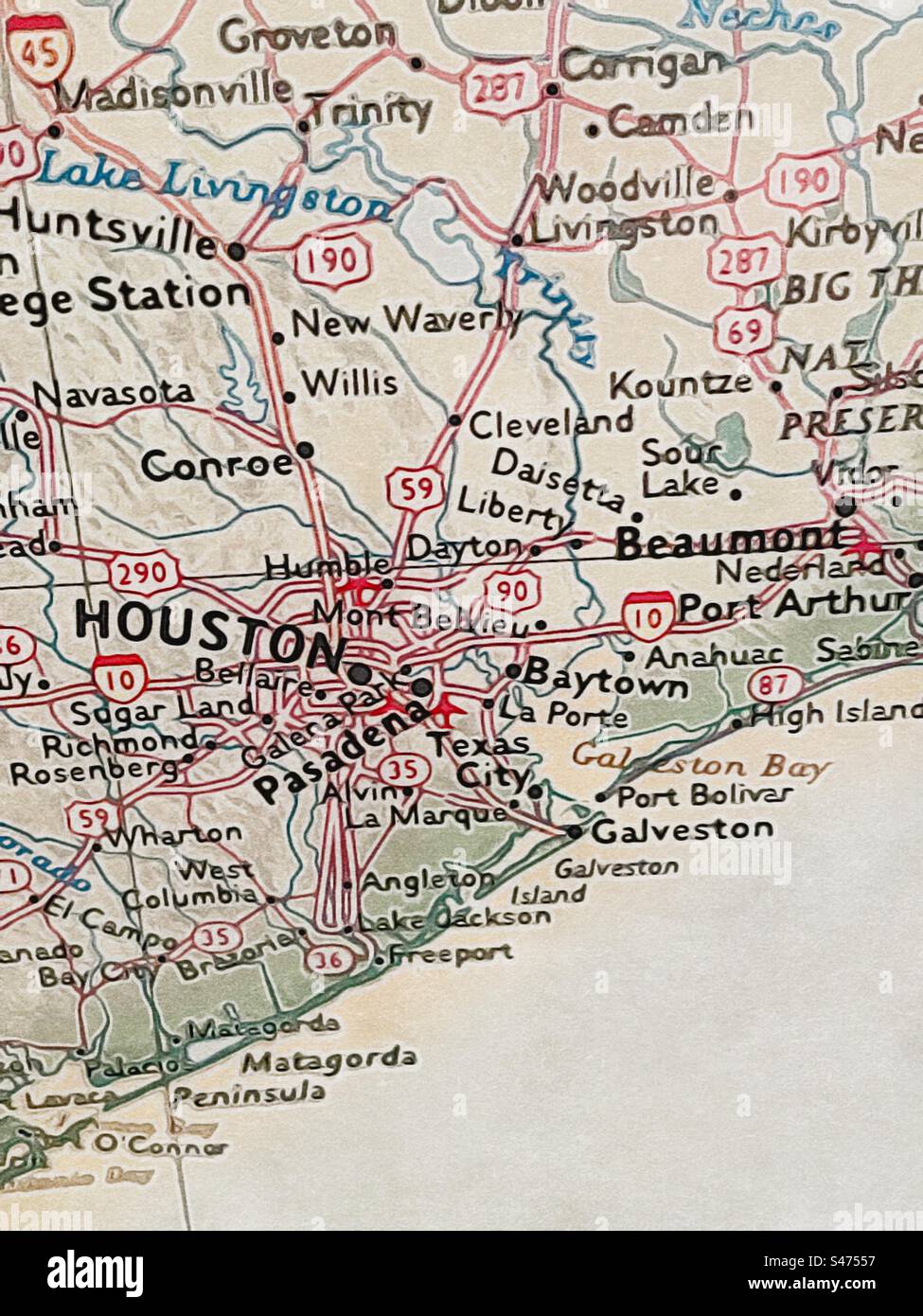 Zoomed image of the Houston, Texas area on a US map. Original photo has been made into an “illustration” via the IOS app Brushstroke. Stock Photo