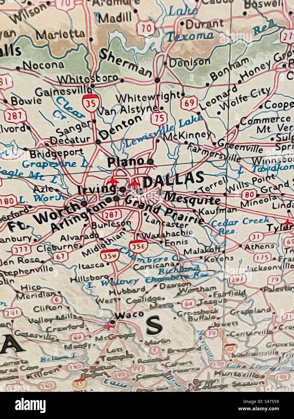 Zoomed image of the Dallas, Texas area on a US map. Original photo has been made into an “illustration” via the IOS app Brushstroke. - Smartphone Captured Stock Image