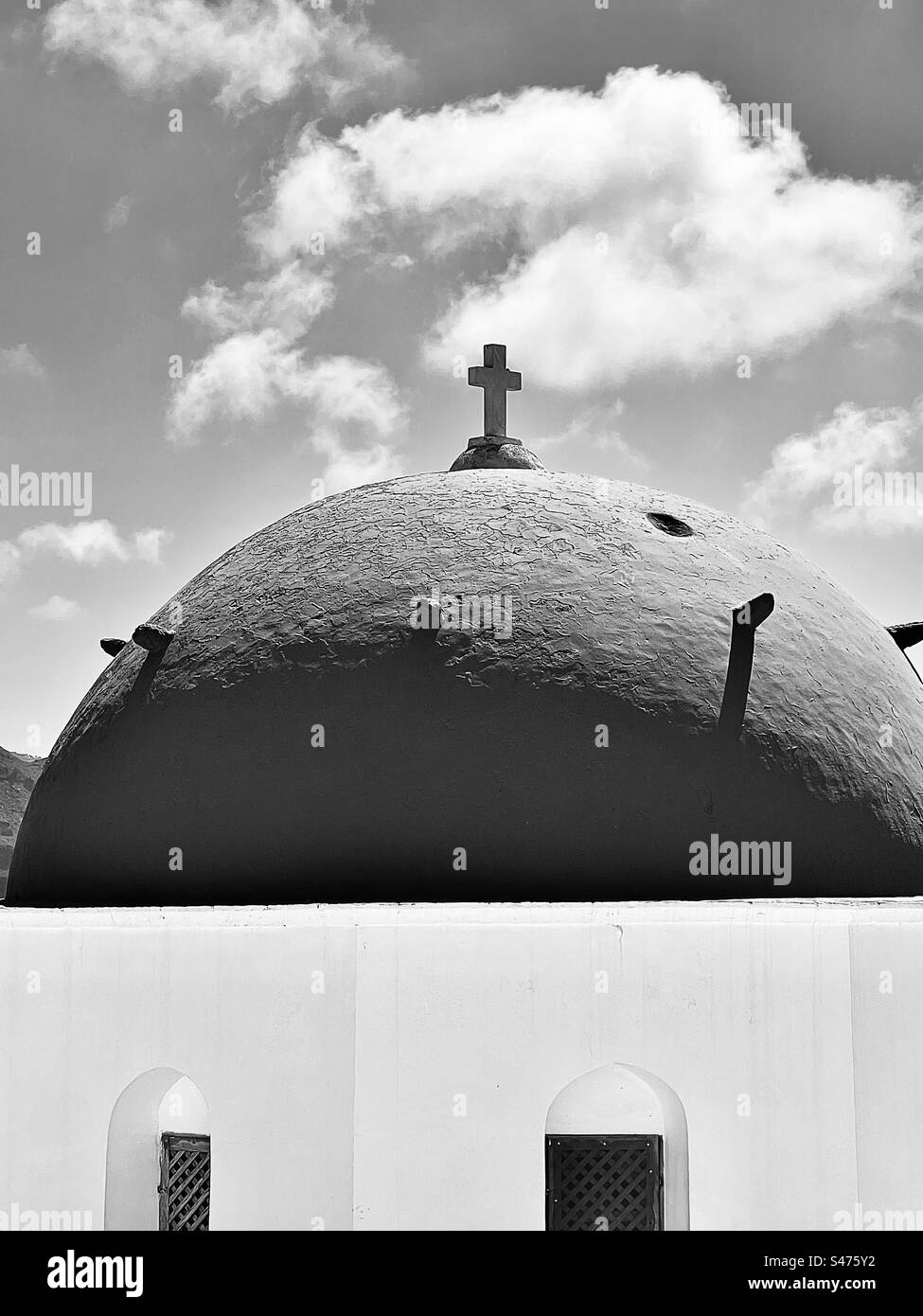 Black and white of the blue dome Anastasi church in Oai, Santorini. Stock Photo