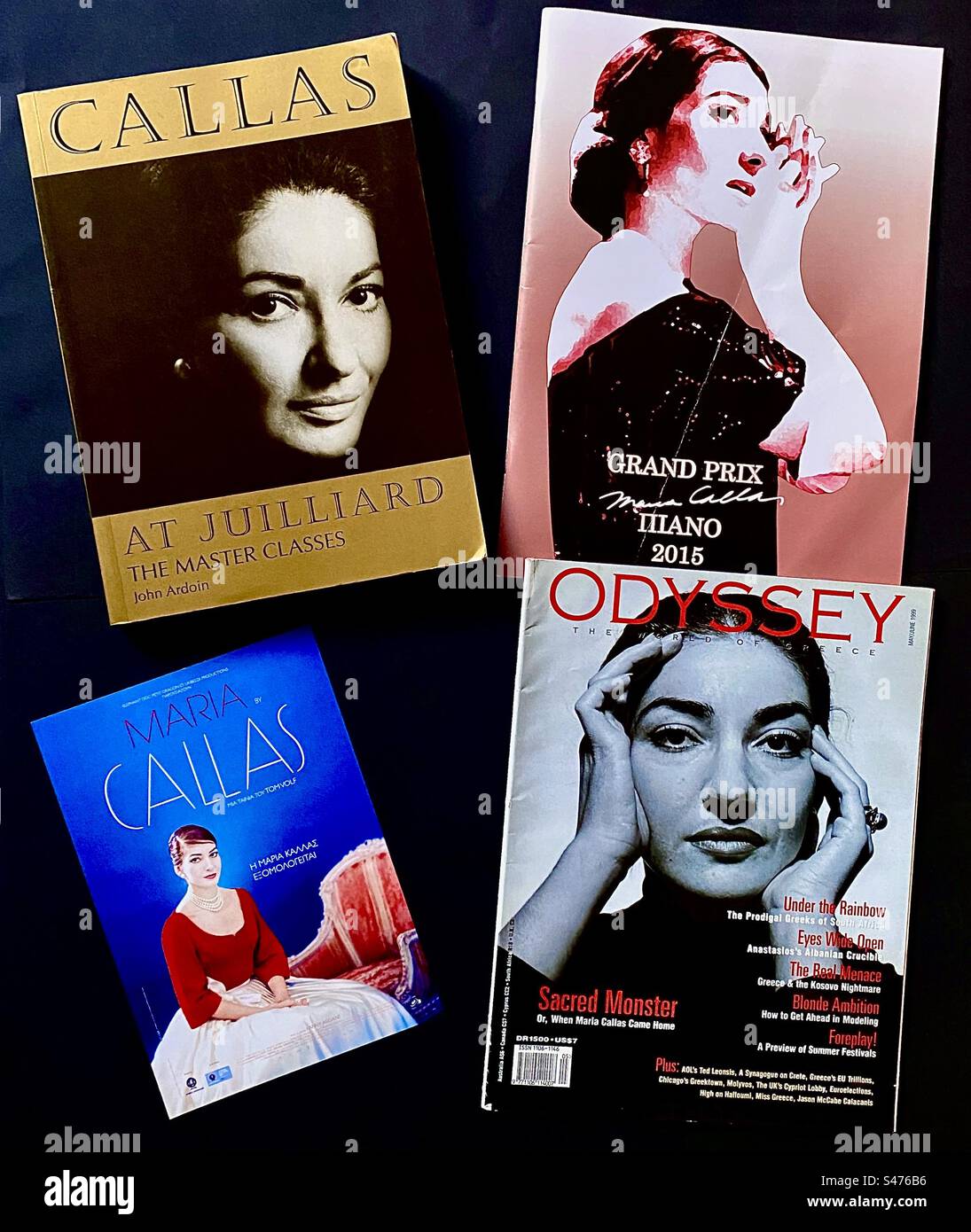 4 images of Maria Callas (1923-77), arguably the most famous opera singer in the 20th century if not all time. A book, a magazine, a competition programme, and a flyer. Admirers called he ‘La Divina’. Stock Photo