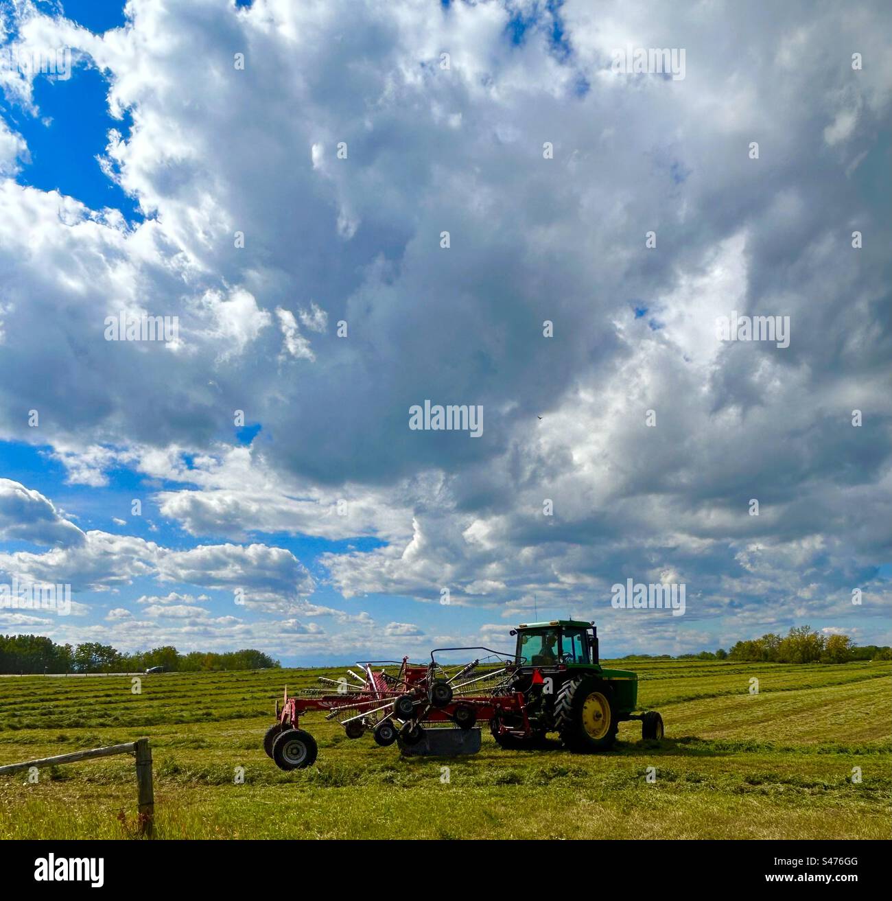 Raking the the hay in southern Alberta, Canada, agriculture, crop, farming, modern machinery, sunny day, making hay while the sun shines - Smartphone Captured Stock Image