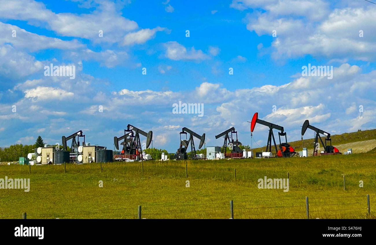 Oil well pumps, pump jacks, Iola and gas industry, oil, gas Stock Photo