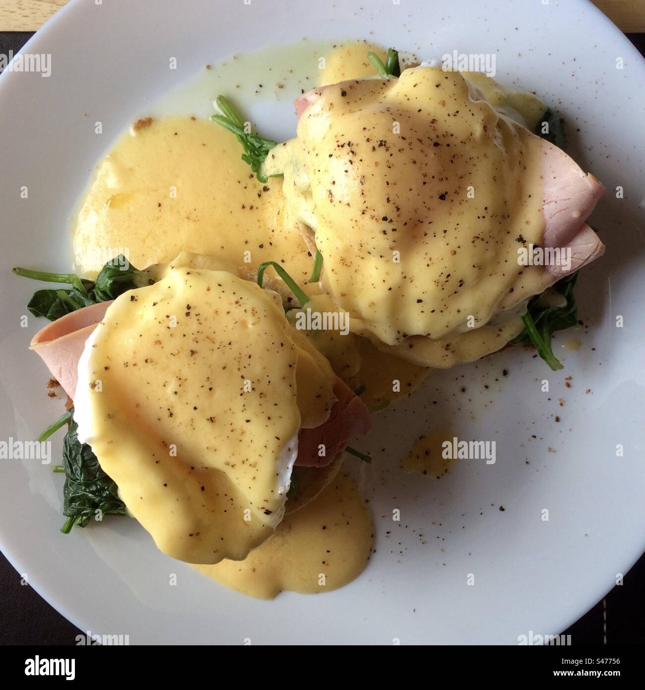 Eggs Benedict with Ham and Spinach - Smartphone Captured Stock Image