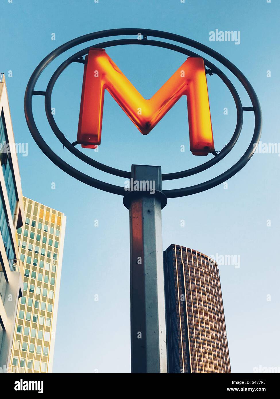 The distinctive M sign indicating a Metro underground station in Paris, France Stock Photo