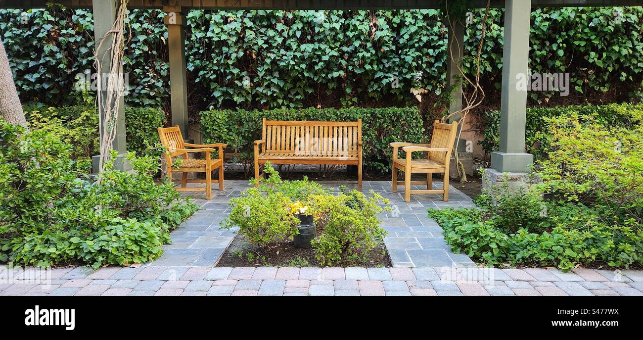 Wooden benches surrounded by greenery Stock Photo - Alamy