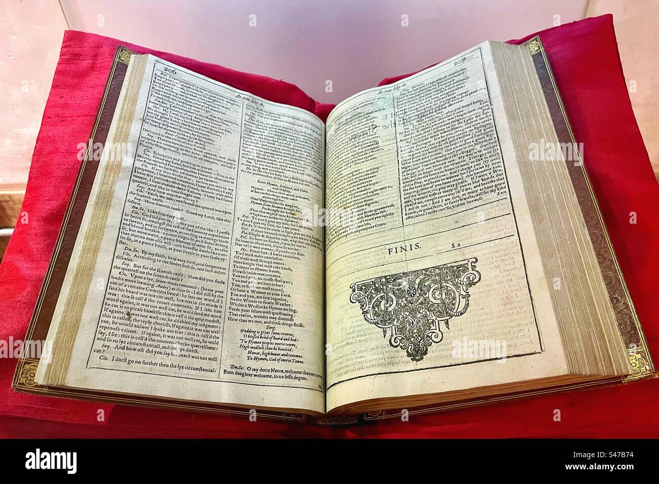 The ‘Munro' First Folio, called after the family that owned the book between 1837 and 1976. On display at Shakespeare's Globe it contains 18 plays printed for the first time by William Shakespeare. - Smartphone Captured Stock Image