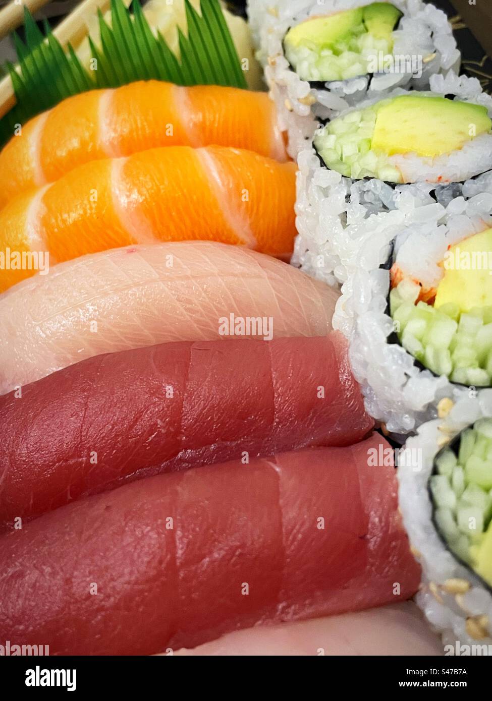 Close up of a Japanese restaurant sushi meal with California roll, 2023, NYC, USA - Smartphone Captured Stock Image