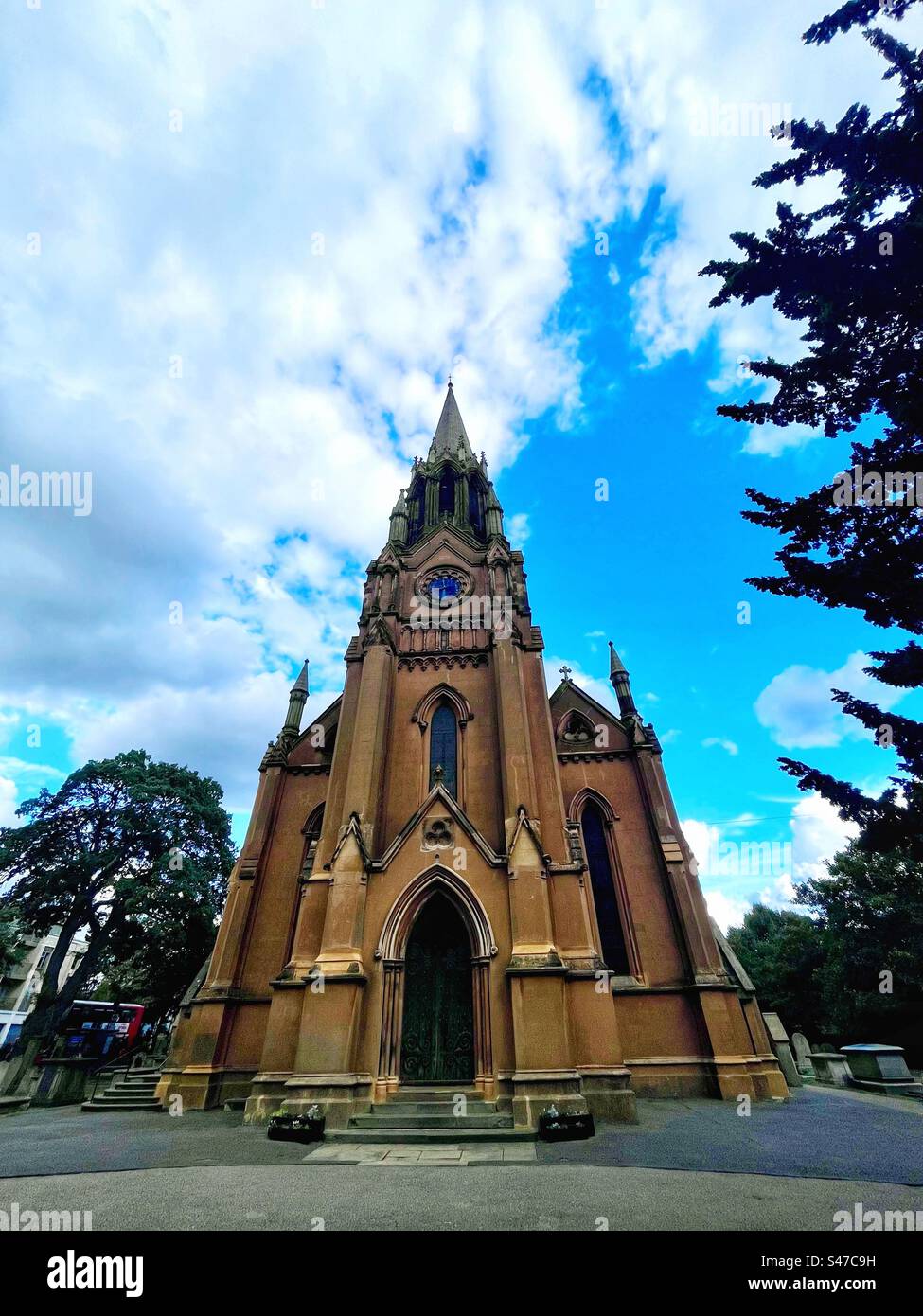 St. Margaret of Antioch Church in Lee, South East London seen from the front with spire. Gothic revival by John Brown, architect 1839 to 1841 - Smartphone Captured Stock Image