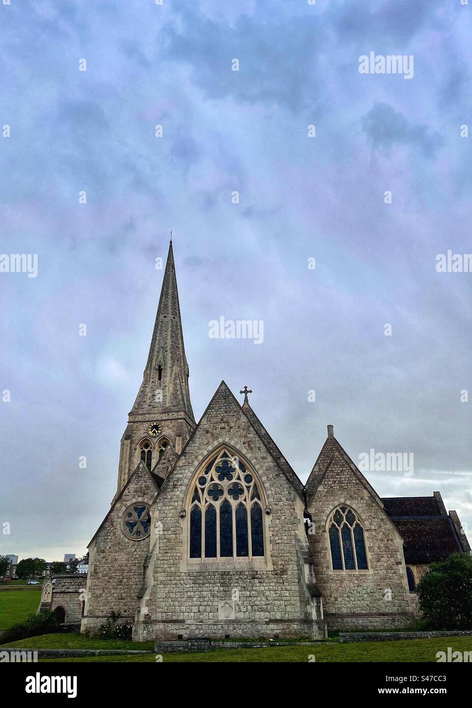 All Saints' Church on Blackheath in South East London. Pevsner described it as 'Puginian” and it stands on the open heath. Consecrated on All Saints Day 1858, architect Benjamin Ferrey. - Smartphone Captured Stock Image