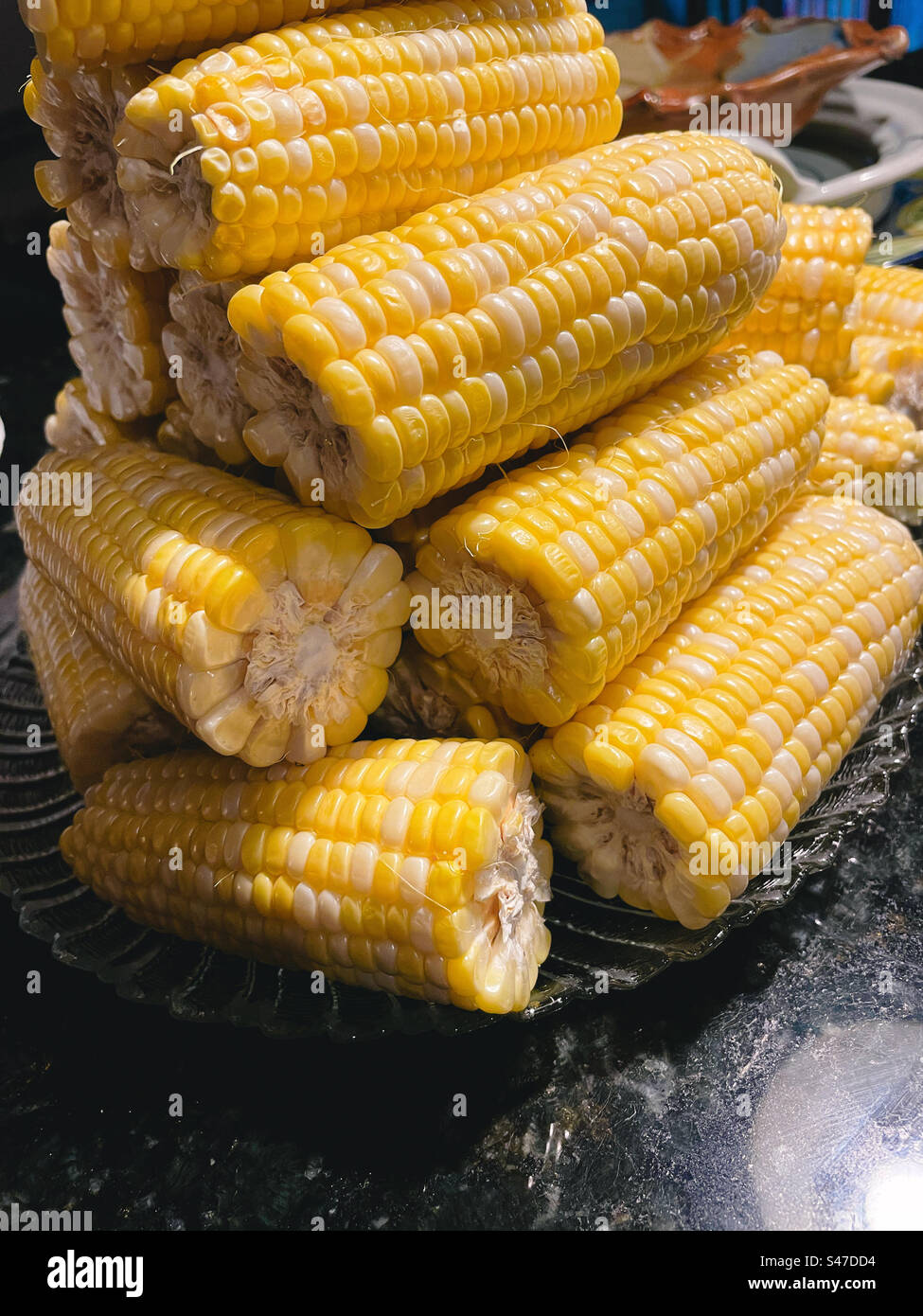 Close up of a stack of freshly boiled corn on the cob pieces, 2023, USA - Smartphone Captured Stock Image