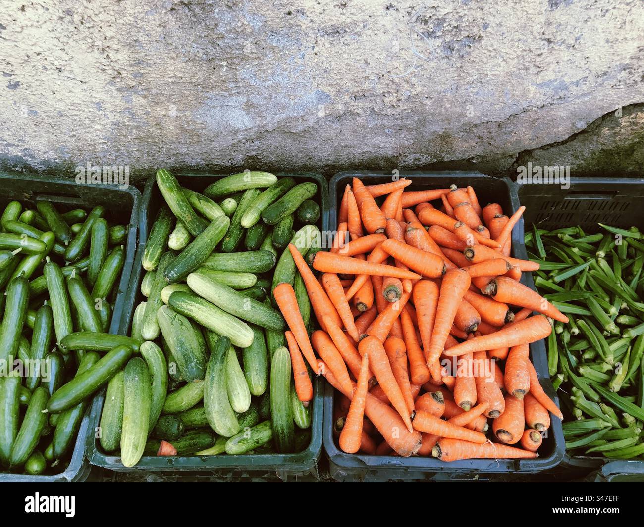 Carrots, cucumbers, and other salad ingredients for sale at an open local market - Smartphone Captured Stock Image