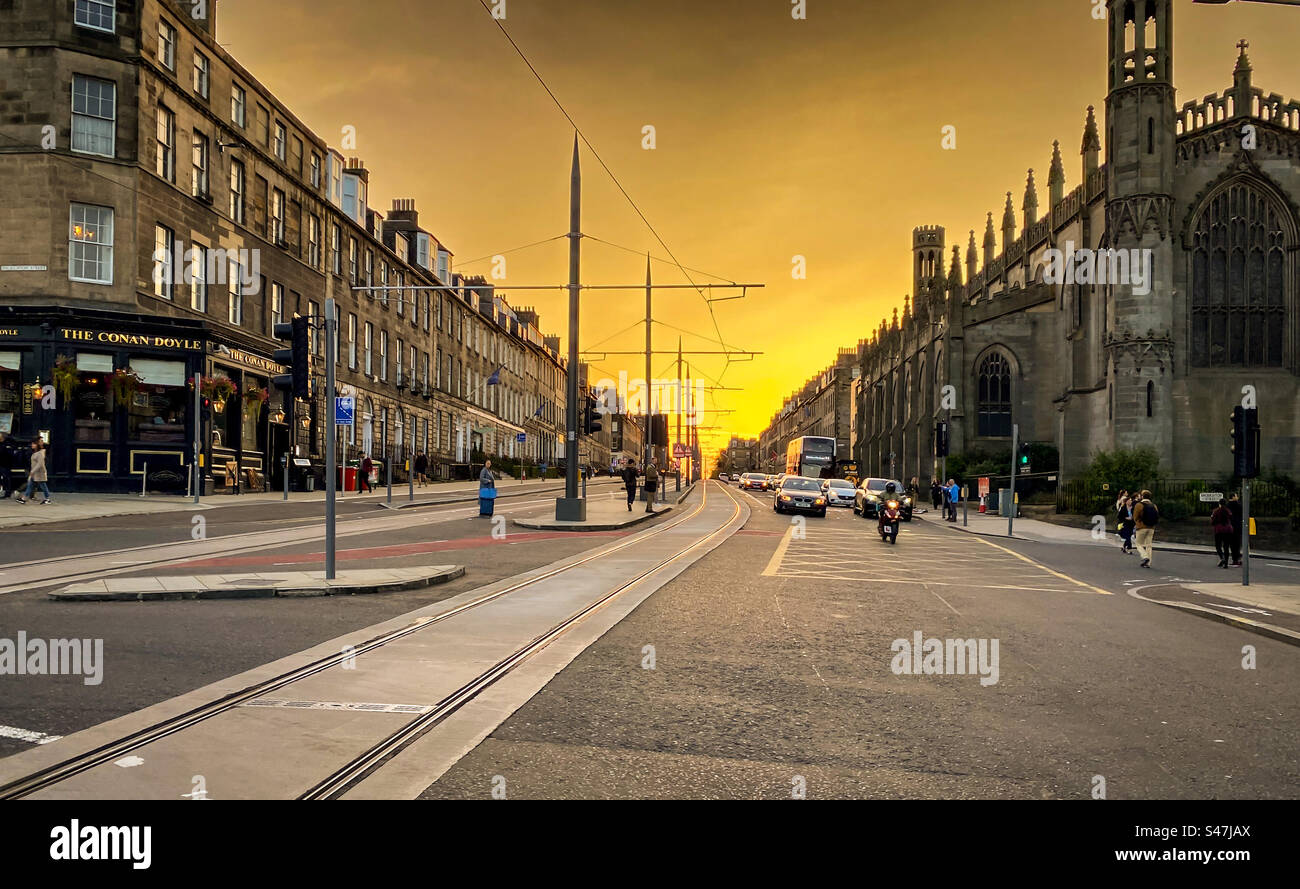 Looking along the tram lines to York place and Queen street in Edinburgh. Stock Photo