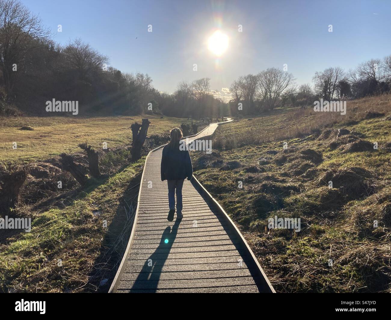 Rear view of an 8 year old Girl walking in the lye valley Oxford along a wooden walkway. Stock Photo