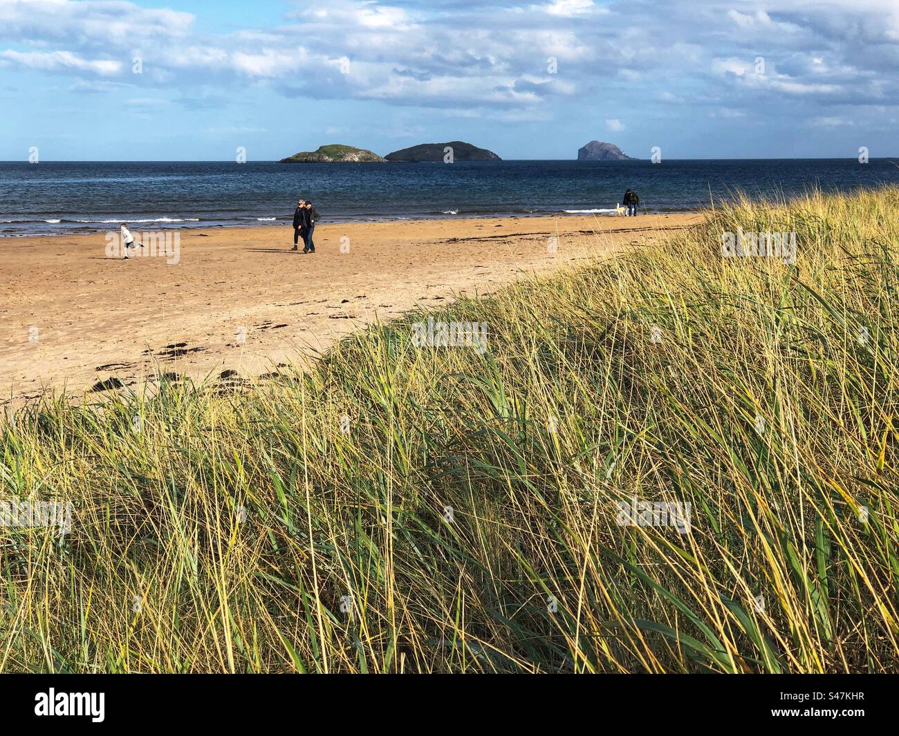 People on Yellowcraig beach, with a view towards Craigleith and the Bass Rock, East Lothian coast, Scotland - Smartphone Captured Stock Image