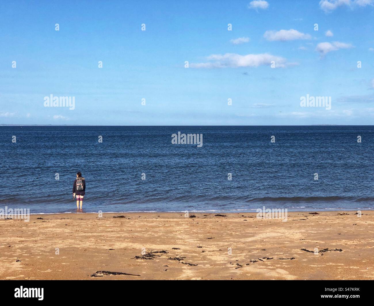 Solitary Walker on Yellowcraig beach looking out to the Forth estuary, East Lothian Scotland - Smartphone Captured Stock Image