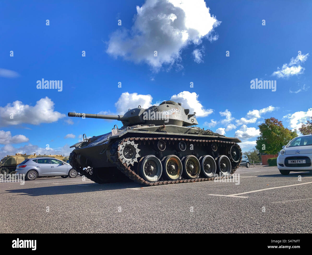 Tank in the car park at Bovington Tank Museum Dorset - Smartphone Captured Stock Image