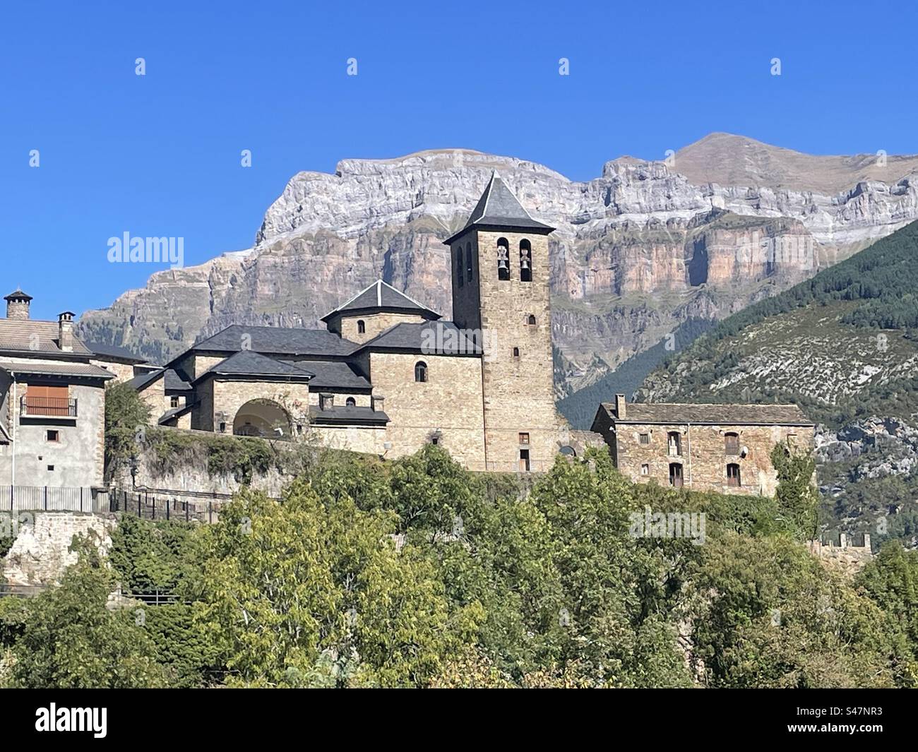 Town and church Torla, Aragon,Pyrenees, Spain Stock Photo