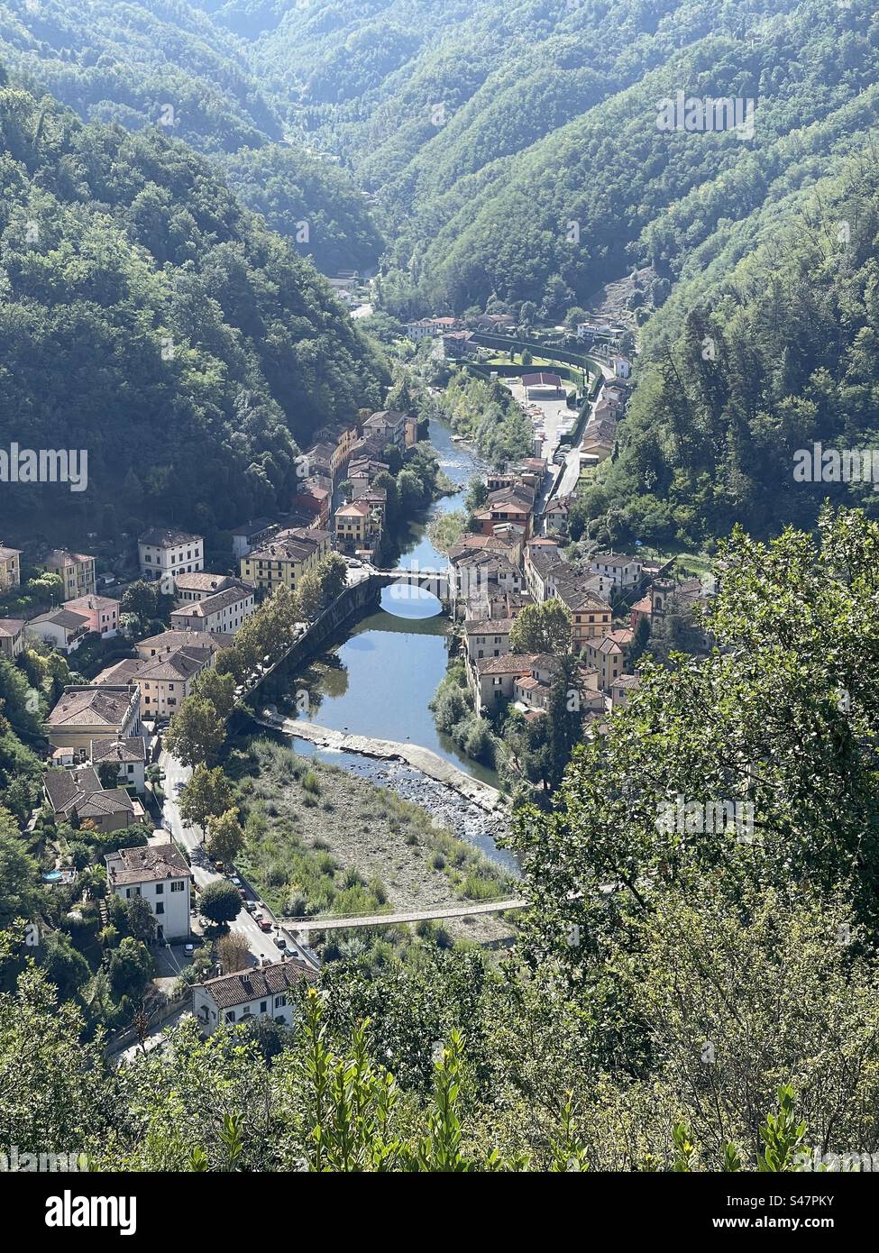 River Serchio at Ponte a Seraglio, Bagni di Lucca, Tuscany, Italy. - Smartphone Captured Stock Image